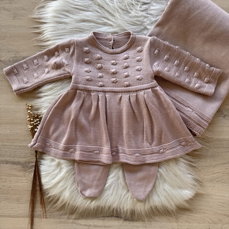 Maternity Take-Home Set with Bubble Detail Dress, Pants and Blanket – Rosé