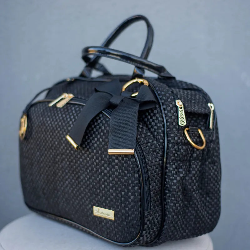 Mommy Bag – Black Straw with Patent Leather Details