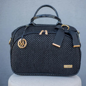 Mommy Bag – Black Straw with Patent Leather Details