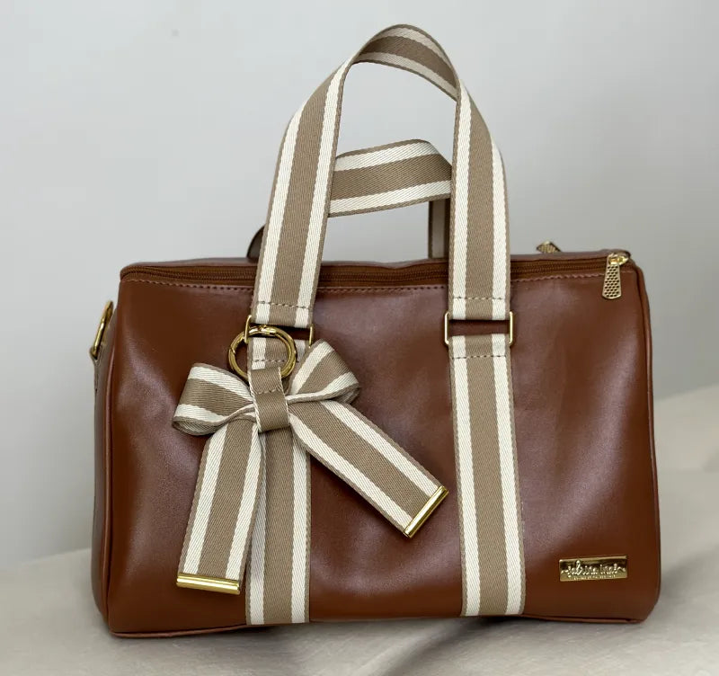 Mommy Bag – Caramel Leather with Striped Ribbons