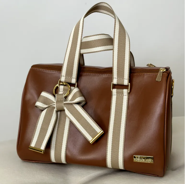 Mommy Bag – Caramel Leather with Striped Ribbons