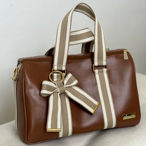 Mommy Bag – Caramel Leather with Striped Ribbons