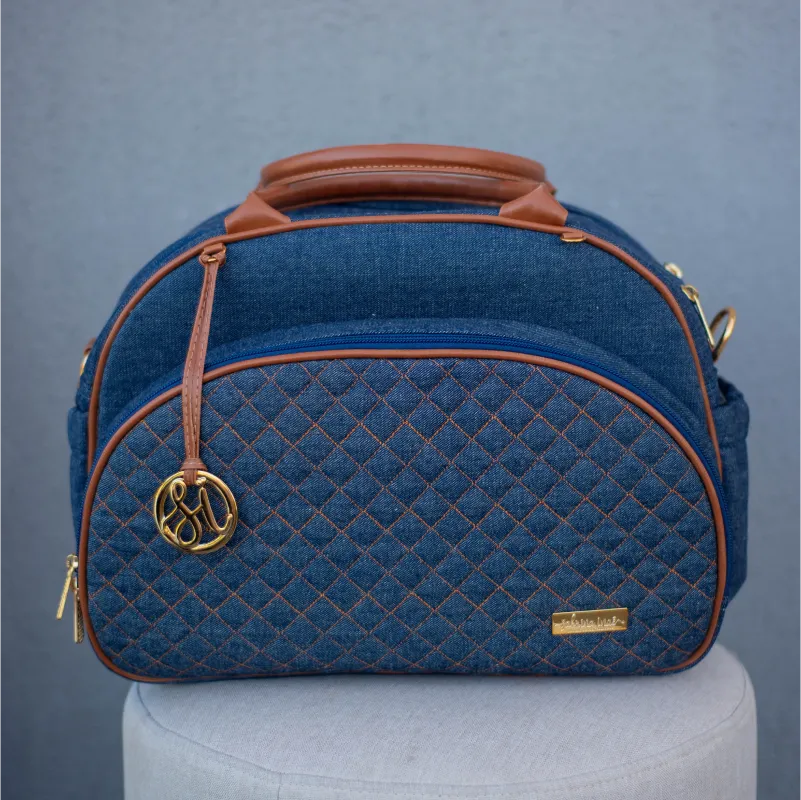 Mommy Bag – Navy Blue Denim with Caramel Leather Details