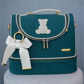 Vanity Case Trunk Style – Moss Green Linen with Light Beige Leather Details and Teddy Bear Appliqué