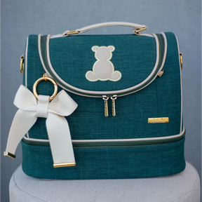 Vanity Case Trunk Style – Moss Green Linen with Light Beige Leather Details and Teddy Bear Appliqué