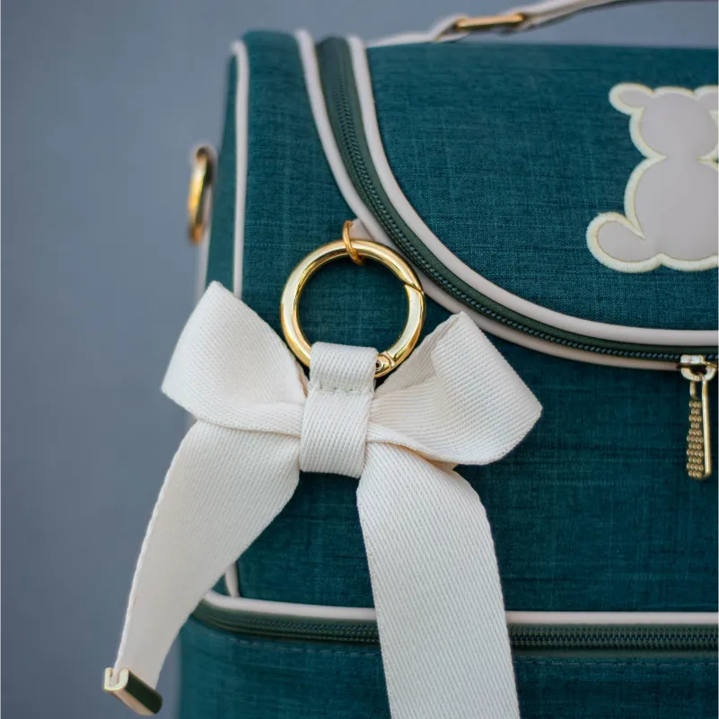 Vanity Case Trunk Style – Moss Green Linen with Light Beige Leather Details and Teddy Bear Appliqué