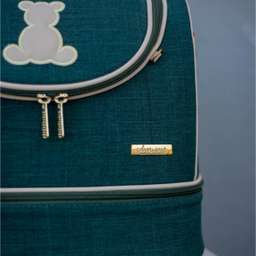 Vanity Case Trunk Style – Moss Green Linen with Light Beige Leather Details and Teddy Bear Appliqué