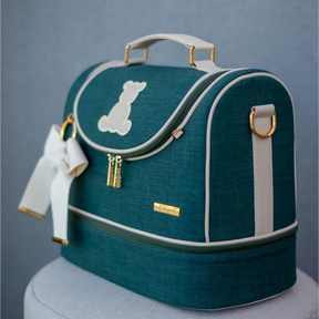 Vanity Case Trunk Style – Moss Green Linen with Light Beige Leather Details and Teddy Bear Appliqué