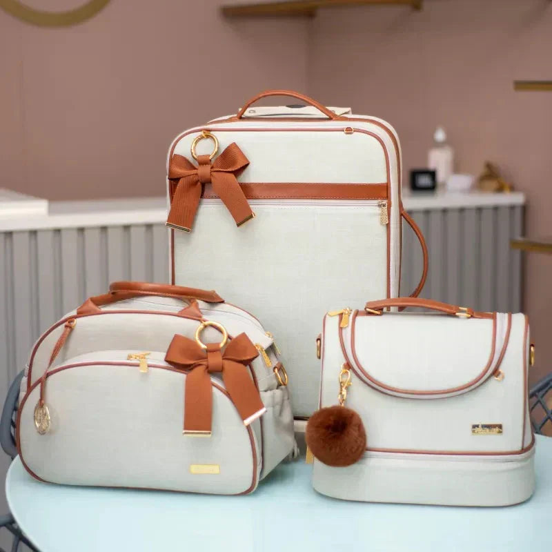 Maternity Set – Beige Linen with Caramel Leather Details