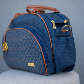 Mommy Bag – Navy Blue Denim with Caramel Leather Details