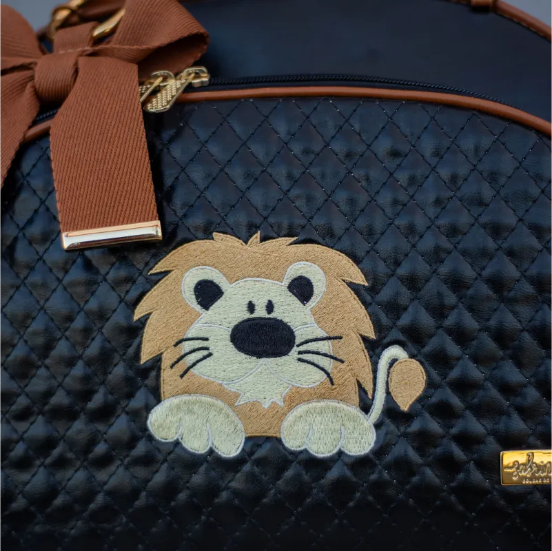 Mommy Bag – Black Leather with Caramel Leather Details and Lion Embroidery