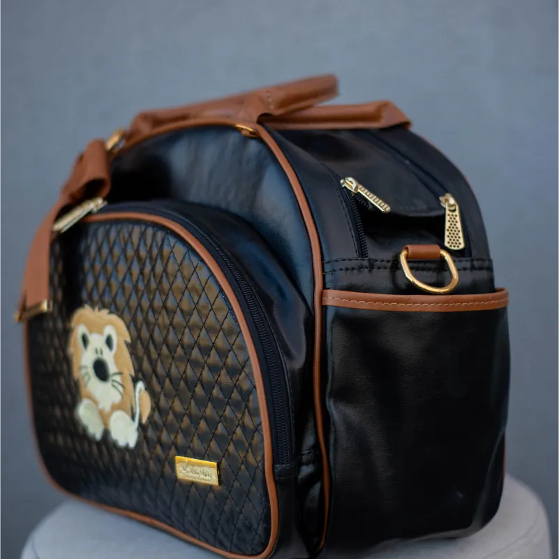 Mommy Bag – Black Leather with Caramel Leather Details and Lion Embroidery