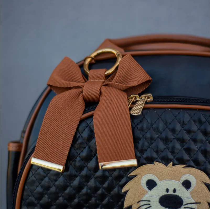 Mommy Bag – Black Leather with Caramel Leather Details and Lion Embroidery