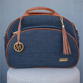 Mommy Bag – Black Linen with Caramel Leather Details