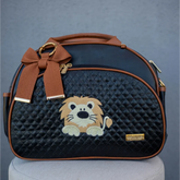 Mommy Bag – Black Leather with Caramel Leather Details and Lion Embroidery