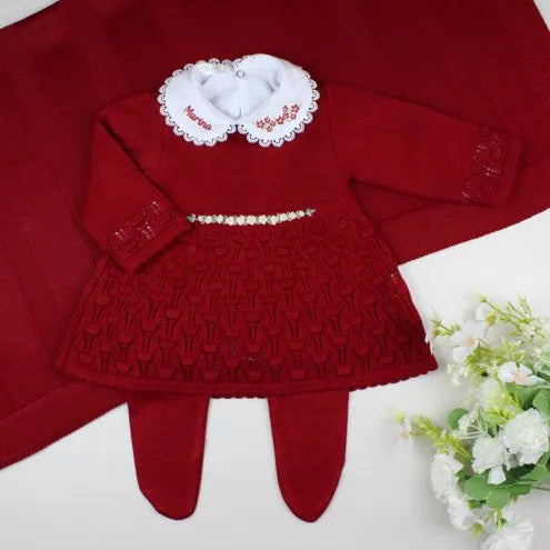 Maitê Girls’ Knit Baby Maternity Take-Home Set – 7 Pieces, Includes Personalized Bodysuit – Red