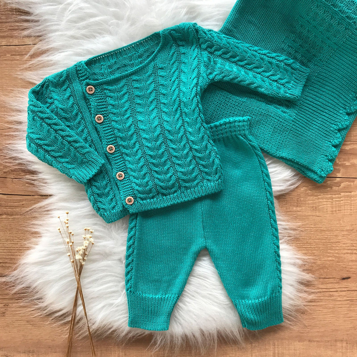 Detailed Knit Maternity Take-Home Set with Coat, Pants and Blanket – Turquoise