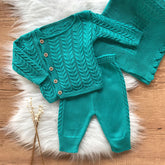 Detailed Knit Maternity Take-Home Set with Coat, Pants and Blanket – Turquoise