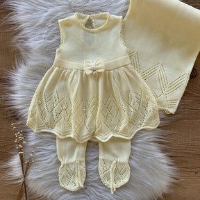 Bow and Pearls Maternity Take-Home Set – 3 Pieces, Powder Yellow