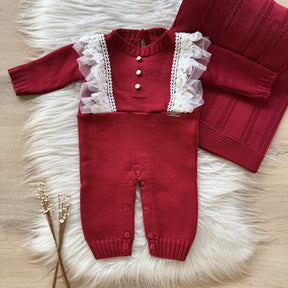 Ruffled Romper Maternity Take-Home Set with Tulle and Blanket – Red