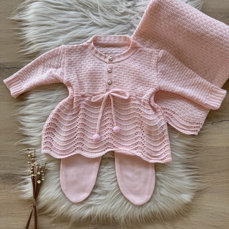 Bow and Pom-Pom Maternity Take-Home Set – 3 Pieces, Powder Pink