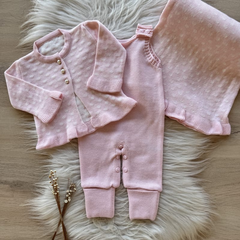 Polka Dot Maternity Take-Home Set with Romper, Coat and Ruffled Blanket – Powder Pink and White