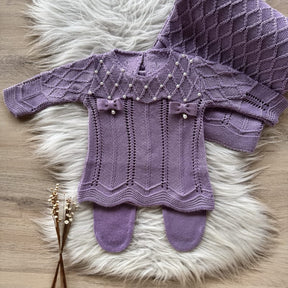 Diamond Knit Maternity Take-Home Set with Pearls and Bow Details – Lavender