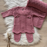 Diamond Knit Maternity Take-Home Set with Pearls and Bow Details – Pink