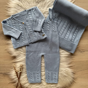 Twisted Knit Maternity Take-Home Set with Coat, Overalls and Blanket – Powder Blue