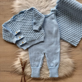 Detailed Maternity Take-Home Set with Romper, Blanket and Coat – 3 Buttons, Powder Blue