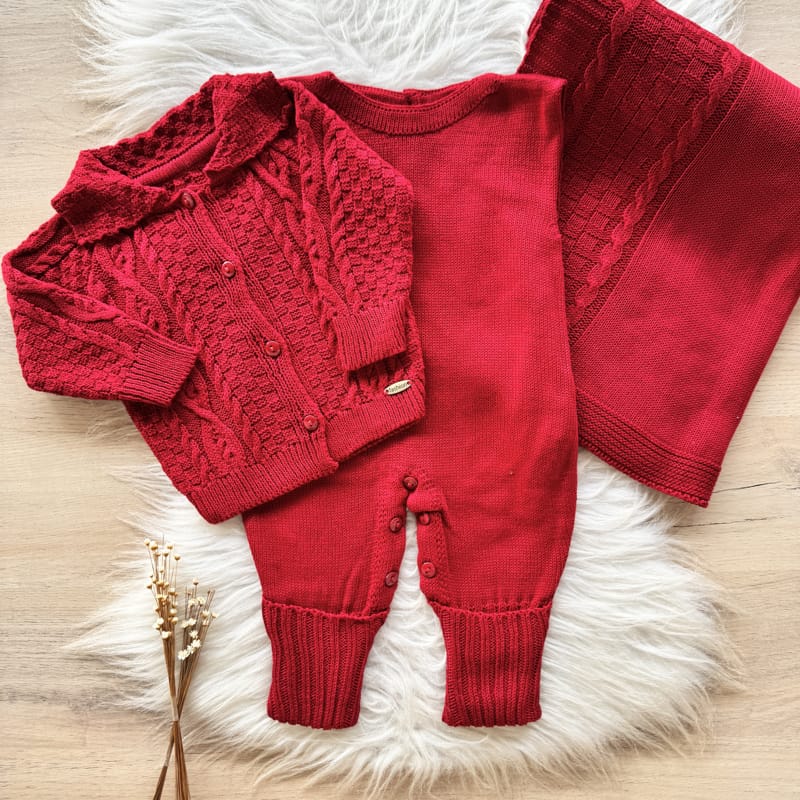 Detailed Knit Maternity Take-Home Set with Romper, Blanket and Coat with Collar – Red
