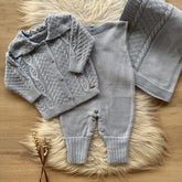 Detailed Knit Maternity Take-Home Set with Romper, Blanket and Coat with Collar – Powder Blue