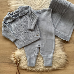 Detailed Knit Maternity Take-Home Set with Romper, Blanket and Coat with Collar – Powder Blue