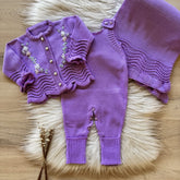 Embroidered Maternity Take-Home Set with Wavy Ruffles – 3 Pieces, Purple