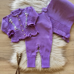 Embroidered Maternity Take-Home Set with Wavy Ruffles – 3 Pieces, Purple