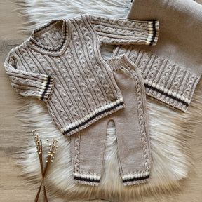 Ribbed Knit Maternity Take-Home Set with V-Neck Coat, Pants and Blanket – Beige