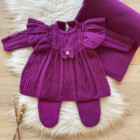 Detailed Knit Maternity Take-Home Set with Bow – 3 Pieces, Magenta