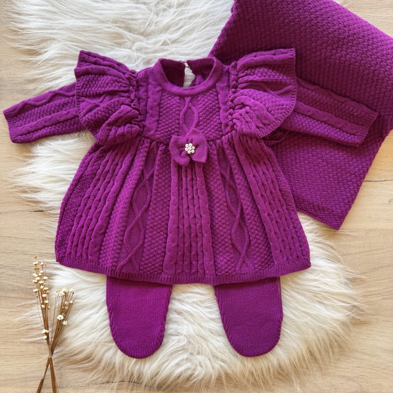 Detailed Knit Maternity Take-Home Set with Bow – 3 Pieces, Magenta