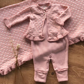 Polka Dot Maternity Take-Home Set with Romper, Coat and Ruffled Blanket – Rosé