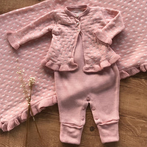 Polka Dot Maternity Take-Home Set with Romper, Coat and Ruffled Blanket – Rosé