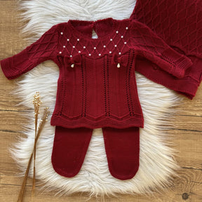 Diamond Knit Maternity Take-Home Set with Pearls and Bow Details – RedLosangos com Pérolas Detalhe Lacinhos Vermelho