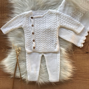 Detailed Knit Maternity Take-Home Set with Coat, Pants and Blanket – White