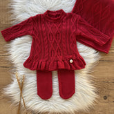 Detailed Knit Maternity Take-Home Set with Ruffled Hem – Red