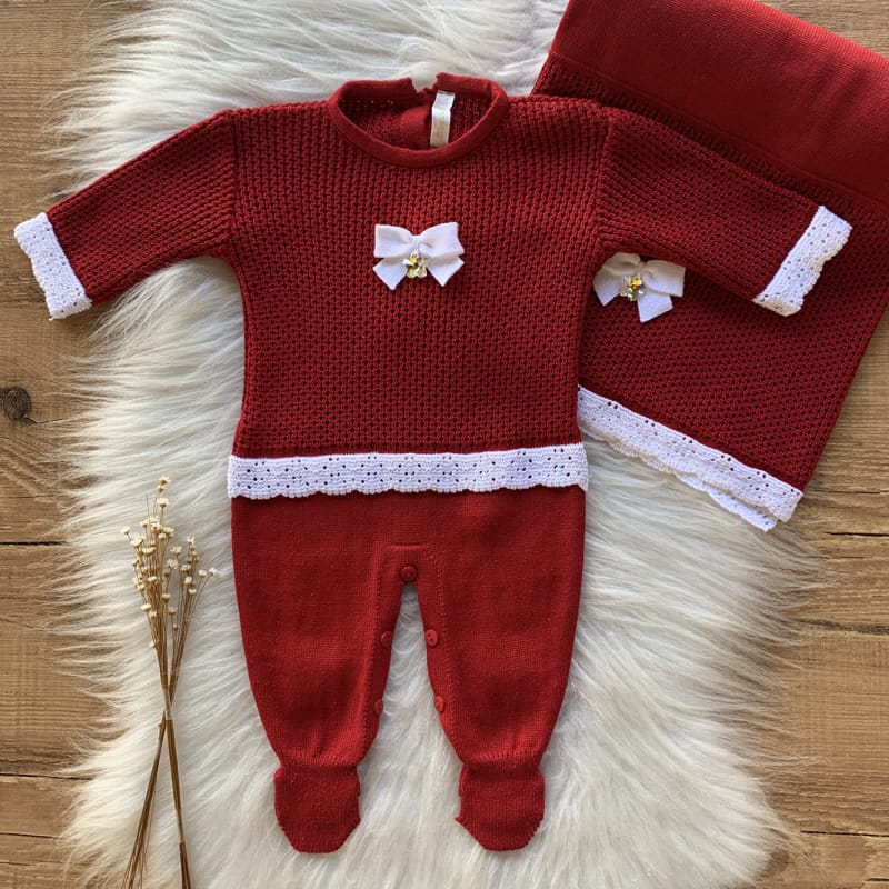 Honeycomb Knit Maternity Take-Home Set with Swarovski Crystals – Red