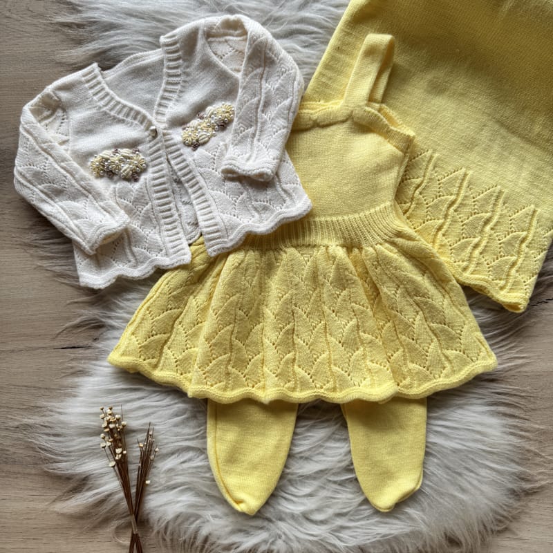 Embroidered Coat Maternity Take-Home Set – 4 Pieces, Yellow and Pearl