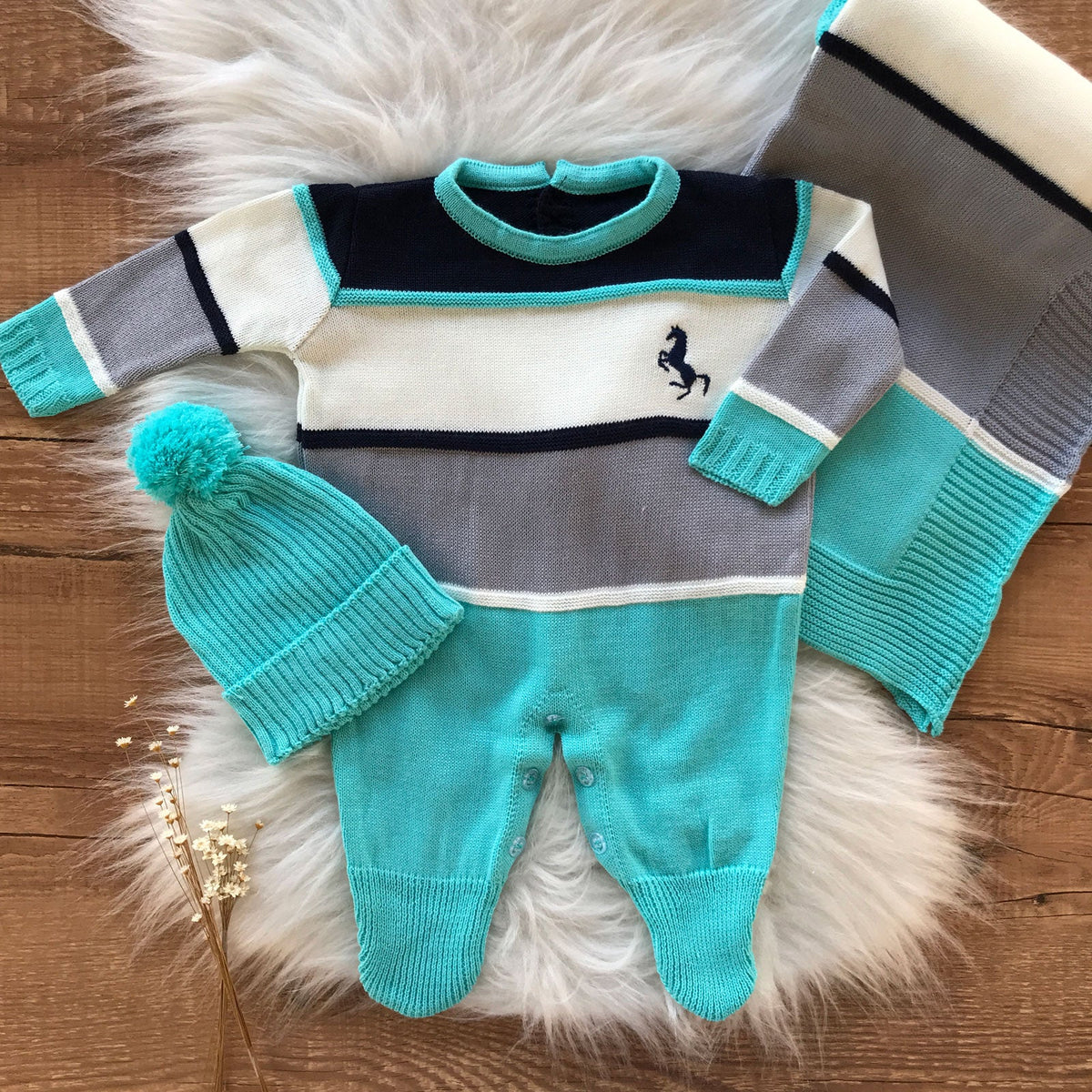 Striped Little Horse Maternity Take-Home Set with Romper, Hat and Blanket – Aqua Green and Gray