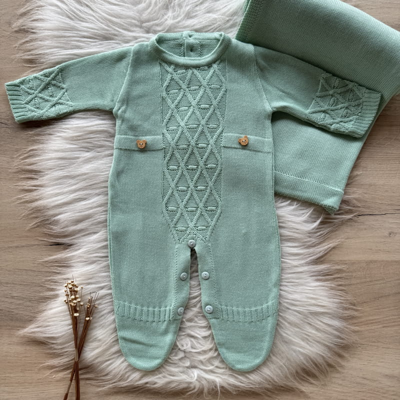 Embroidered Maternity Take-Home Set with Front Knit and Bubble Texture – 2 Pieces, Powder Green