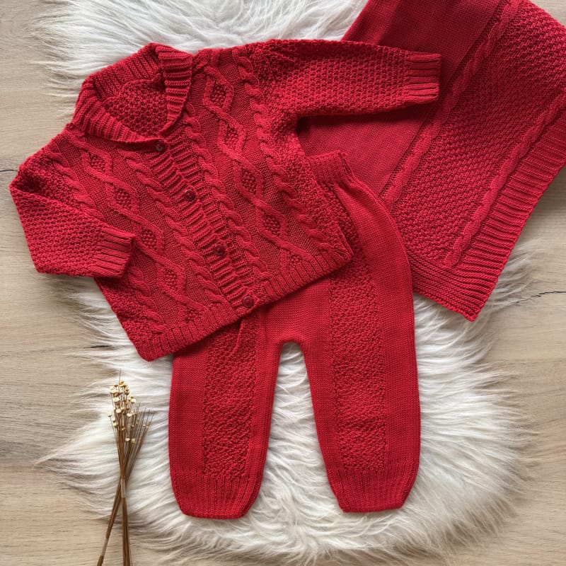 Wavy Knit Coat Maternity Take-Home Set with Collar – 3 Pieces, Red