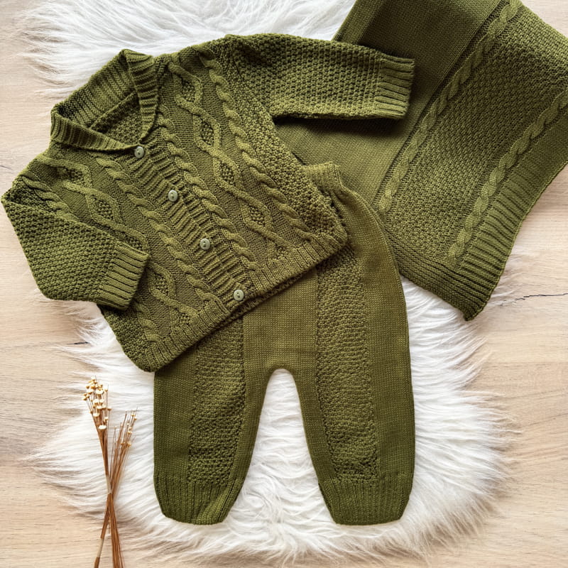 Wavy Knit Coat Maternity Take-Home Set with Collar – 3 Pieces, Olive Green
