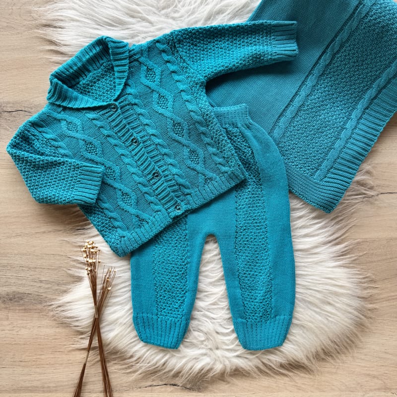 Wavy Knit Coat Maternity Take-Home Set with Collar – 3 Pieces, Turquoise